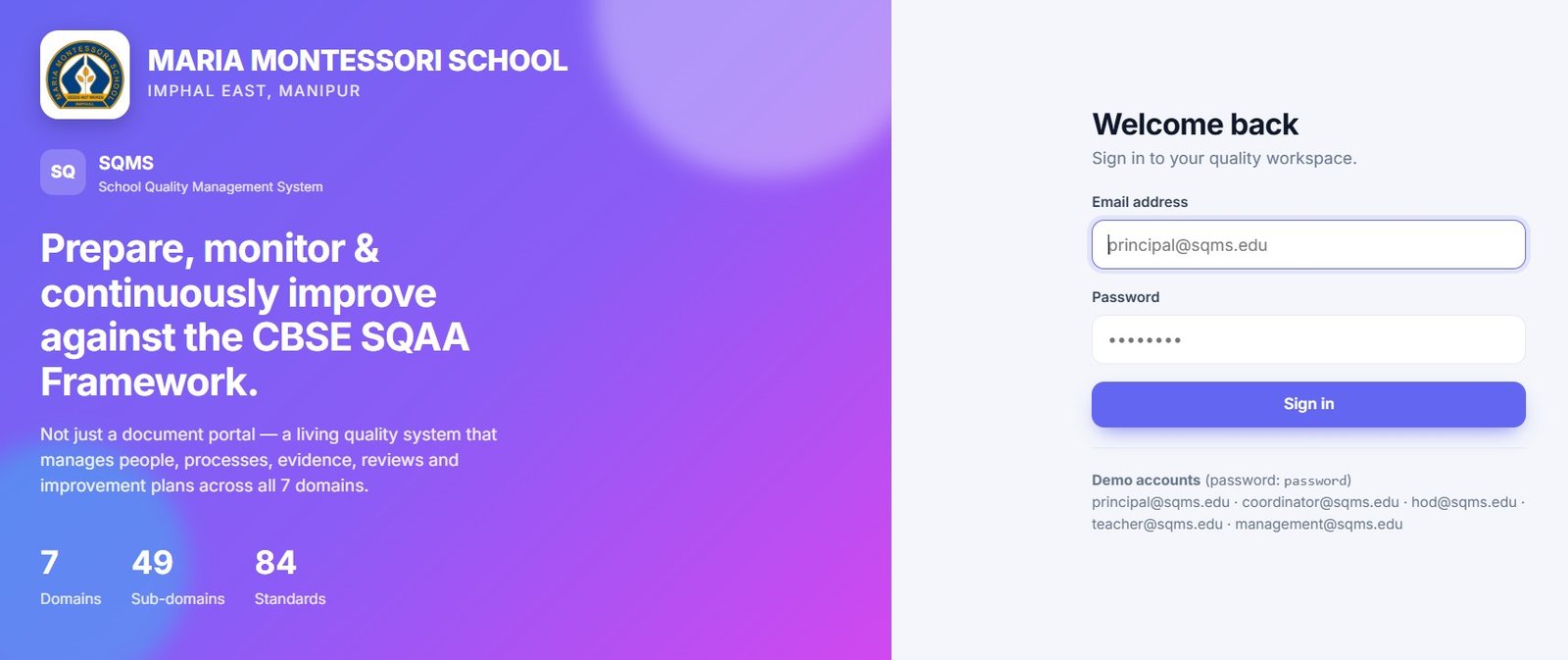 School Quality Management System screenshot